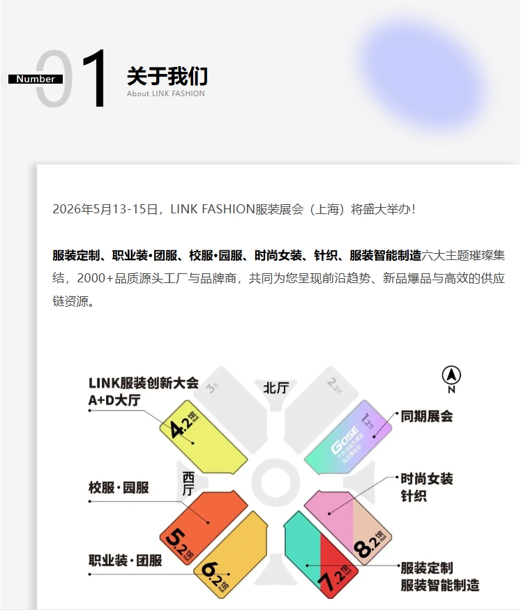 2026年5月13-15日，LINK FASHION服装展会（上海）将盛大举办！服装定制、职业装·团服、校服·园服、时尚女装、针织、服装智能制造六大主题璀璨集结，2000+品质源头工厂与品牌商，共同为您呈现前沿趋势、新品爆品与高效的供应链资源。